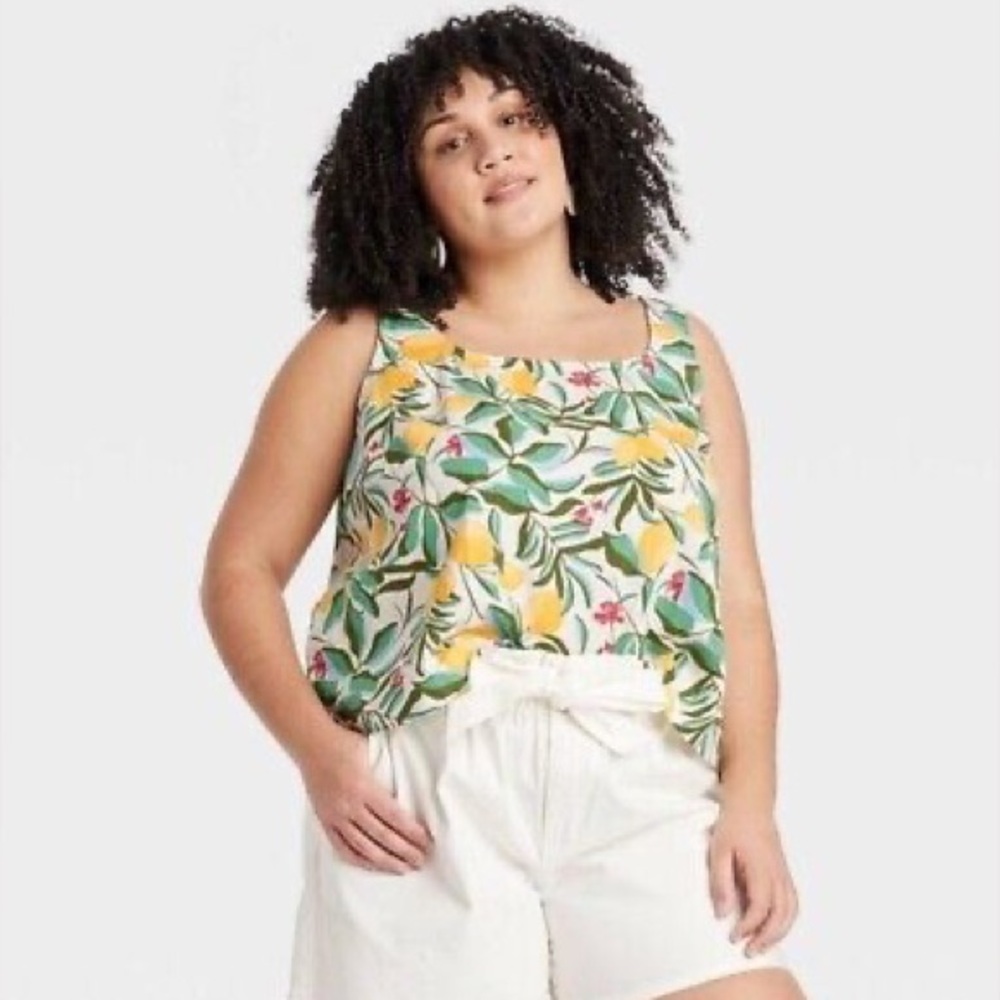 Ava & Viv Linen Blend Lemon Print Square Neck Tank Top Size 2X